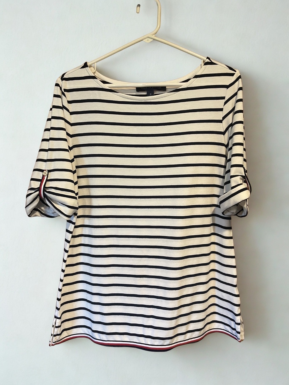 Tommy Hilfiger Striped Boatneck Top Nautical Roll Sleeve Medium